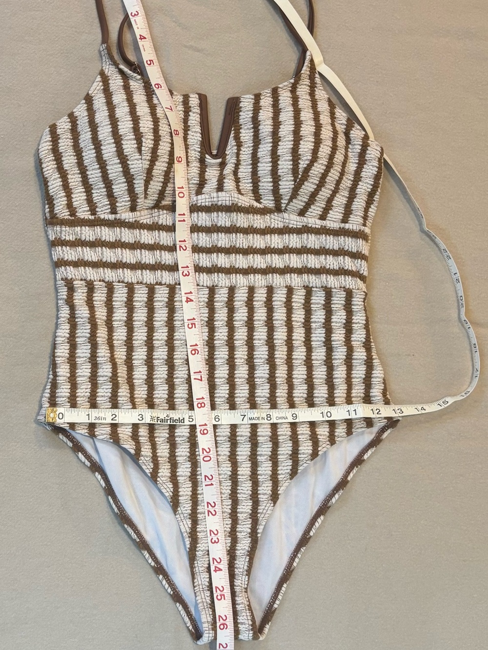 SHEIN Swim Striped Textured One-Piece Swimsuit in Cream and Brown Size M - Picture 8 of 9